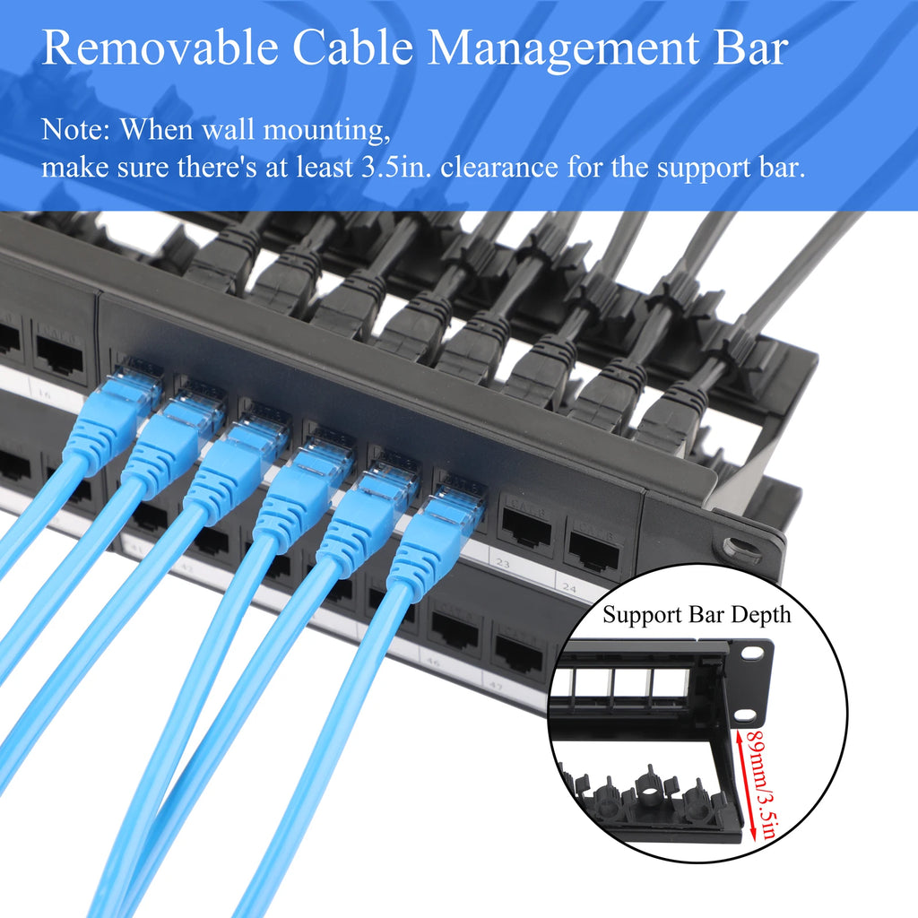 24/48 Port Patch Panel Cat6 RJ45 Coupler with Inline Keystone 10G 19" Patch Panel Removable Back Bar Ethernet Distribution Frame