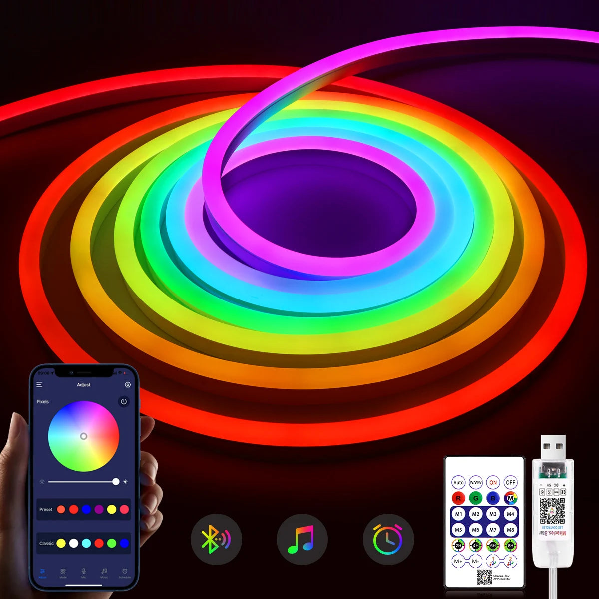 5V USB RGBIC Neon LED Strip WS2812 Fairy Dream Color RGB LED Neon Rope Lights with Bluetooth App and Remote For DIY Home Deocor