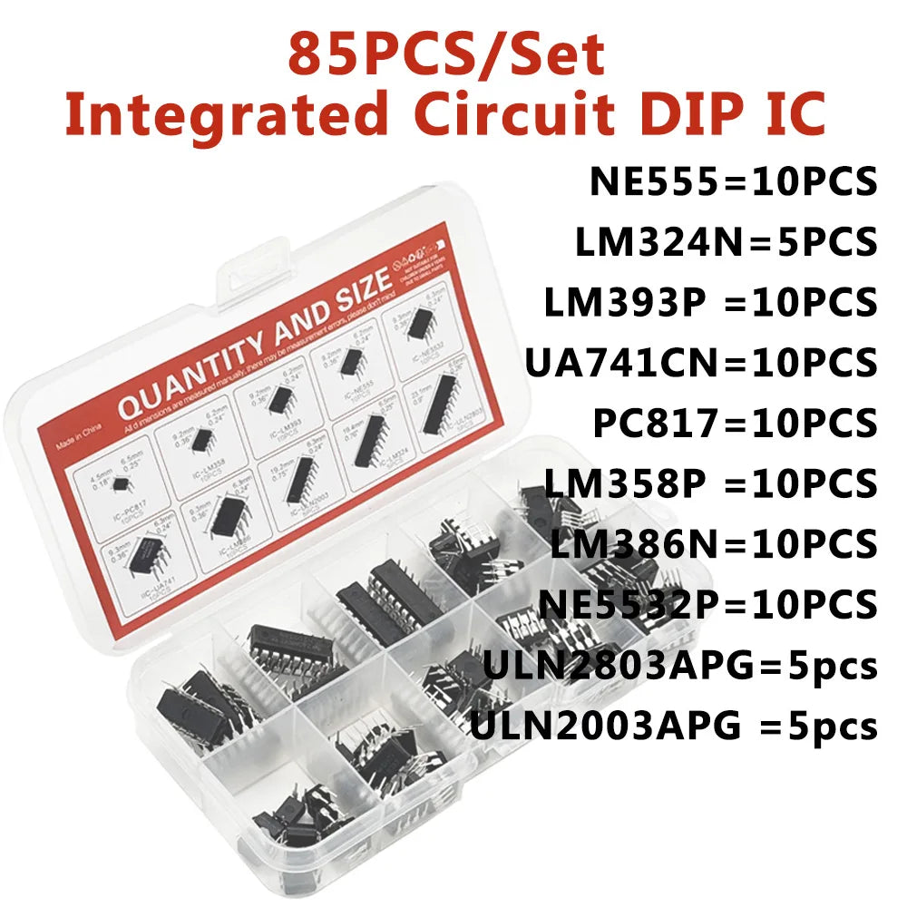 85PCS IC Chip Kit DIP Integrated Circuit NE555 LM324 LM358 ULNN2803 Single Precision Timer DIY Electronic Components Tentacle