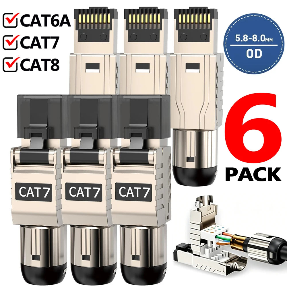 1-6Pack RJ45 Connectors Tool Free Cat7 Cat6a Cat8 Tool-Free Zinc Alloy Shielded Ethernet Termination Plugs for Internet Cable