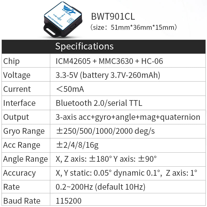 WitMotion WT901SDCL AHRS MPU9250 200Hz 9-Axis Offline Accelerometer Data Logger,  Gyro+Angle (XY 0.05° Accuracy)+Magnetometer