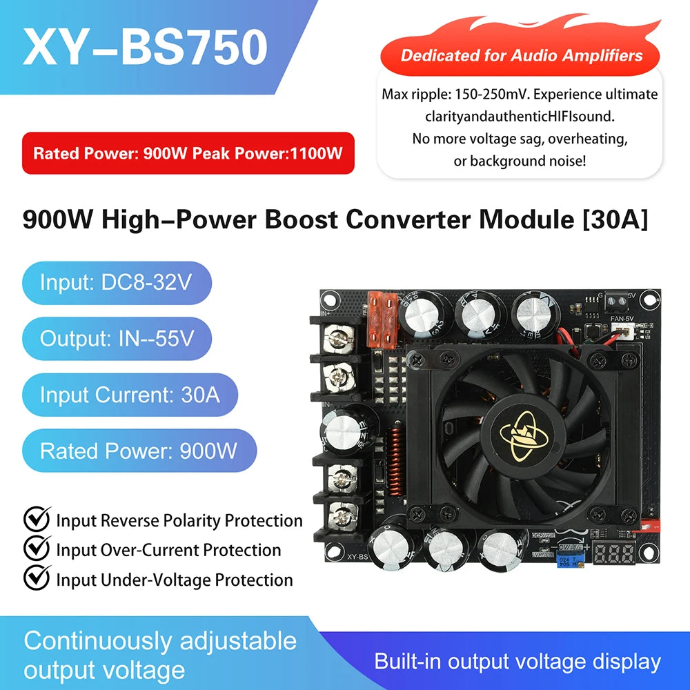900W 30A /1500W 50A High Current Boost Power Module Dual Inductor Full Power Low Ripple Step-Up Moule for Audio Amplifiers