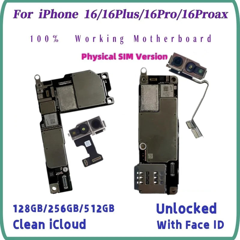 100% Unlocked Motherboard For iPhone 16 Pro Max With Face ID Support iOS Update Logic Board Clean ICloud Mainboard SIM Version