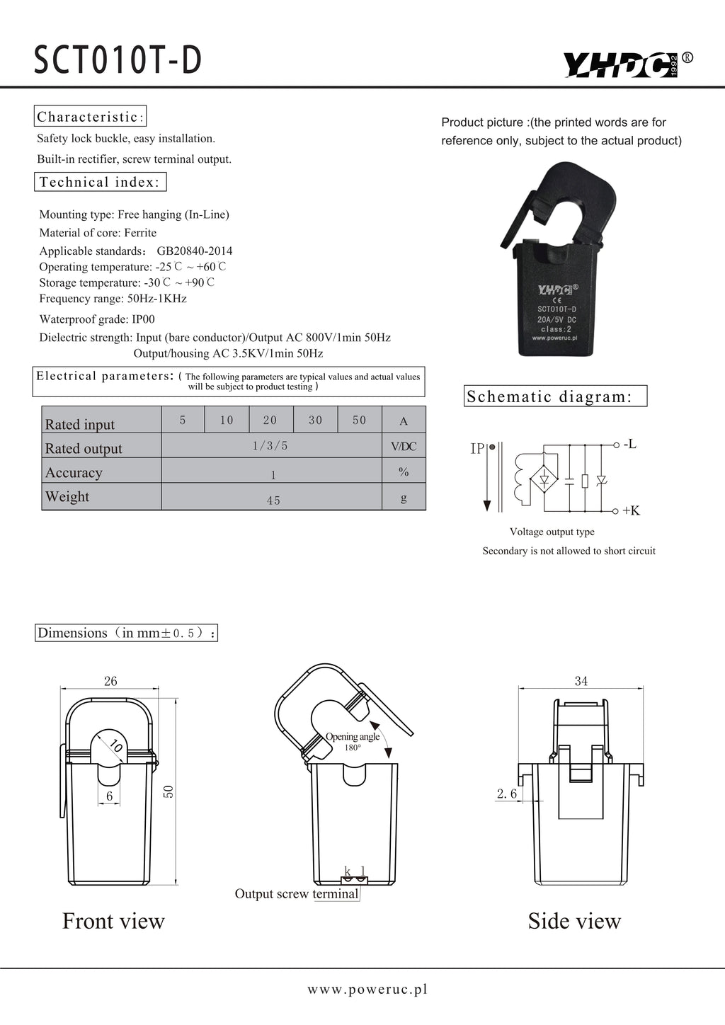 YHDC SCT010T-D Input 5A/10A/20A/30A/50A Output 1V/3V/5V DC Accuracy 1% Split Core Current Transformer