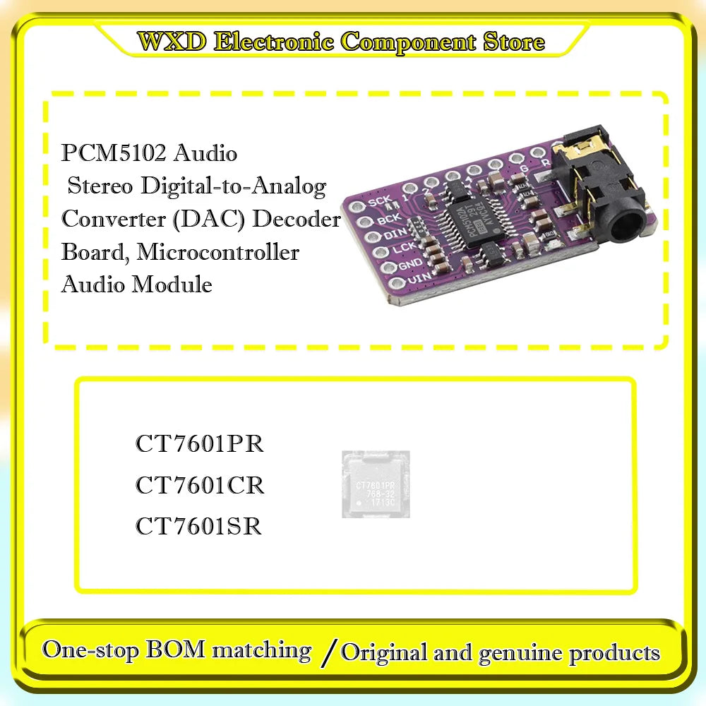 CT7601PR/CT7601CR/CT7601SR up to 32-bit/768K/DSD512 PCM5102 Audio Stereo Digital-to-Analog Converter (DAC) Decoder Board