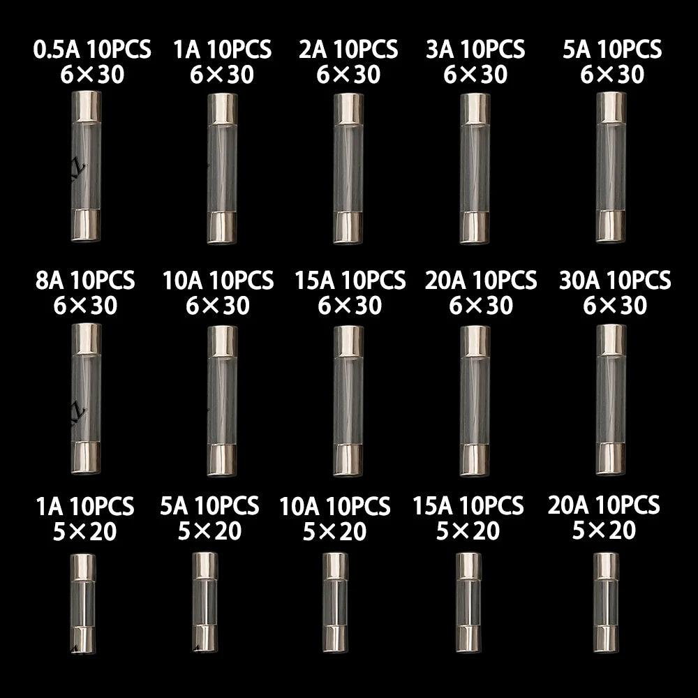 150Pcs 15value 5x20mm 6x30mm Glass Fuse Assorted Kit Box 0.25A 0.5A 1A 2A 3A 5A 8A 10A 15A 20A 30A