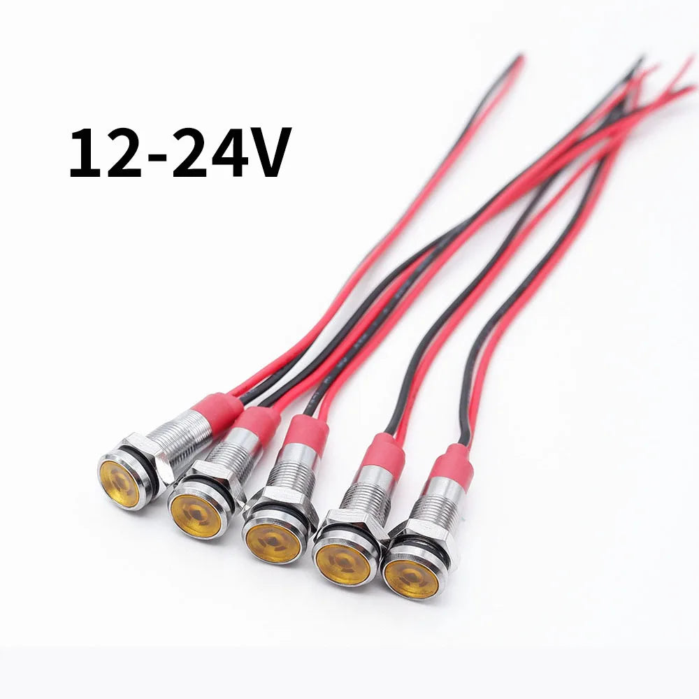 5pcs 6mm Metal Indicator Light LED Warning Signal Lamp Pilot With Wire 3V 5V 6V 12V 24V 220V Red Orange Blue Green White