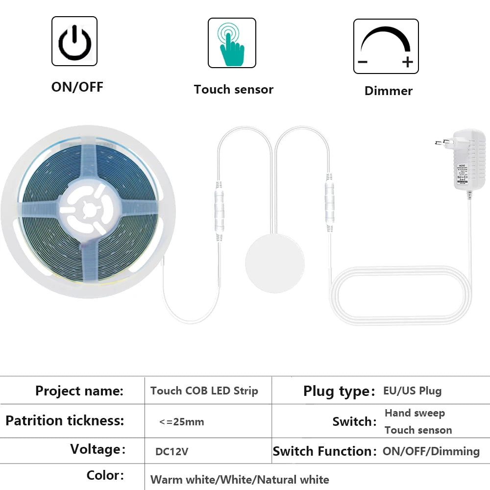 12V 24V Touch Dimmer COB LED Strip Light Hand Sweep Induction Switch US EU Power Kit Flex 320LEDs Tape Bedroom Kitchen Lighting