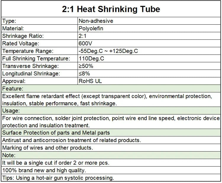 2:1 Heat Shrink Tubing Dia 1 2 3 4 5 6 7 8 9 10 12 14 16 20 25 30 40 50 mm Thermoresistant Sleeve Cable Repair Polyolefin Tube