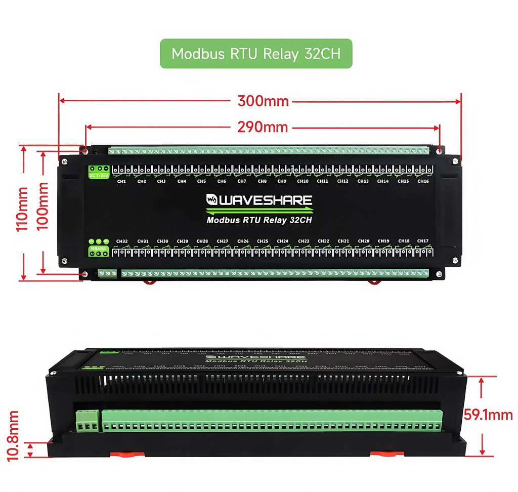 Waveshare Industrial Modbus RTU Relay Module with 8/16/32-channel RS485 interface and isolation