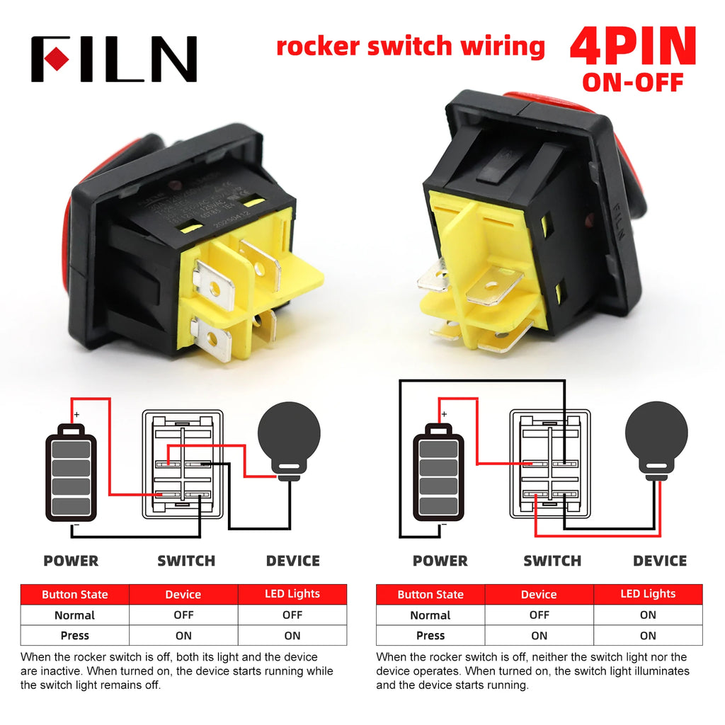 FILN 30A Heavy Duty Waterproof Rocker Switch 4 Pins IP67 12V 24V 110V 220V Ideal for Boat Marine Car Accessories Toggle Switches