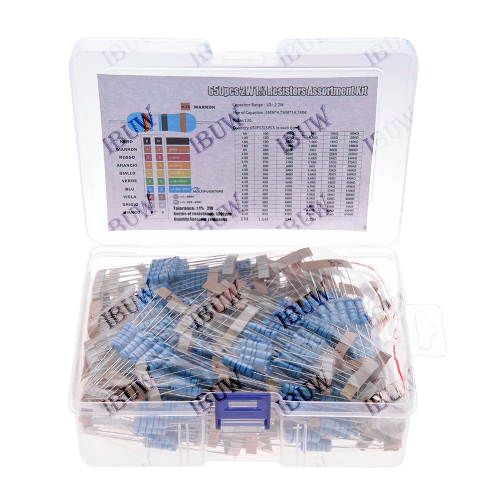 1W 2W 1/4W 1/8W 1/2W Metal Film Resistor Kit 130 Values 0.125W 0.25W 0.5W 1% Resistance Assortment Assorted Set Box