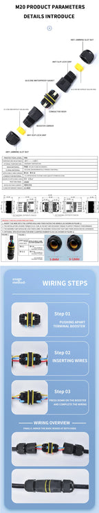 IP68 M20 Waterproof Connector Electric Junction Box 2/3Pin Screw Connection Solderless for 5-12mm Cable,Adapter Terminal Outdoor
