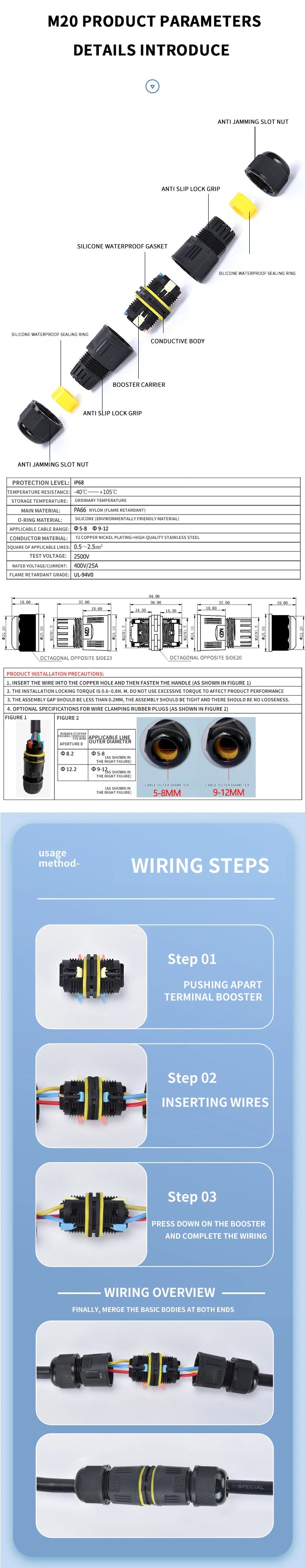 IP68 M20 Waterproof Connector Electric Junction Box 2/3Pin Screw Connection Solderless for 5-12mm Cable,Adapter Terminal Outdoor