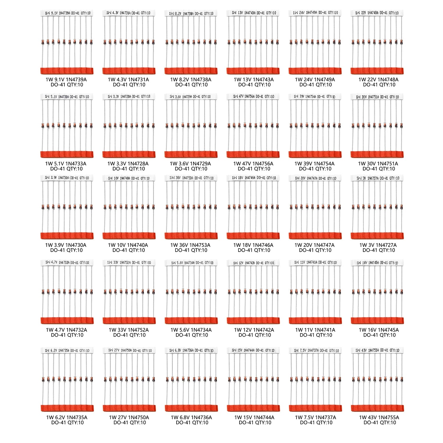 30 Values 1W Zener Rectifier Diode Kit 3V 3.3V 3.6V 5V 5.1V 5.6V 7.5V 10V 12V 13V 15V 16V 18V 20V 22V 24V 30V 33V 47V Assortment