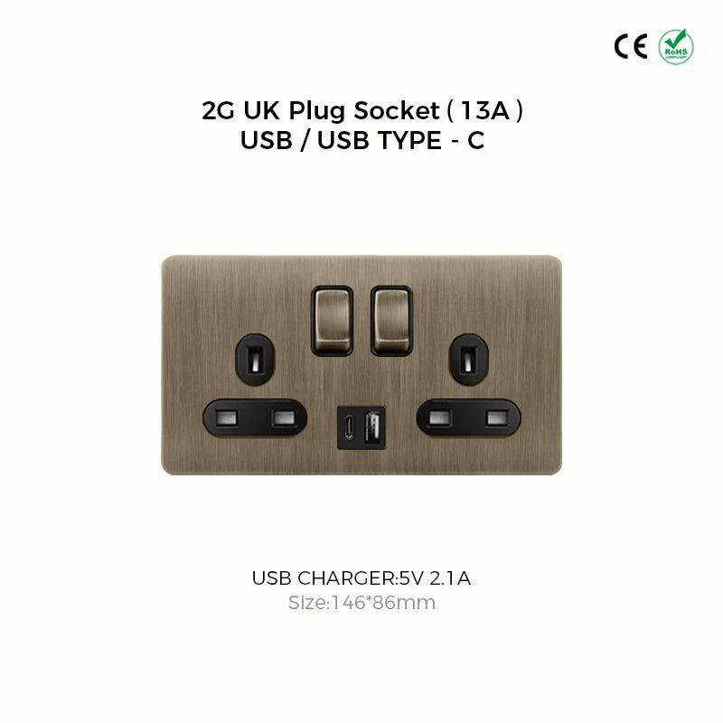 Avoir Bronze Brushed Toggle Switch 1-4 Gang 2 Way Metal Lever Wall Light Switches Standard Plug Adapter Electric Socket With Usb