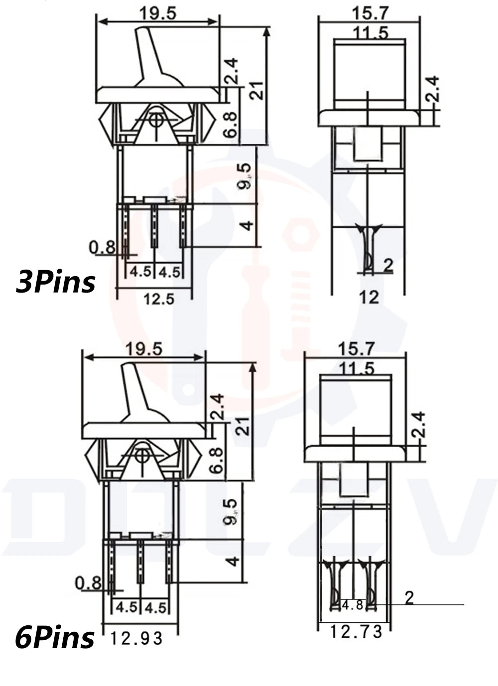SPDT DPDT Reset Latching Toggle Switch RLS-102 5A 125V 3A 250 AC Mini 3 6PIN ON-ON ON-OFF-ON Rocker Switch Lights Motors