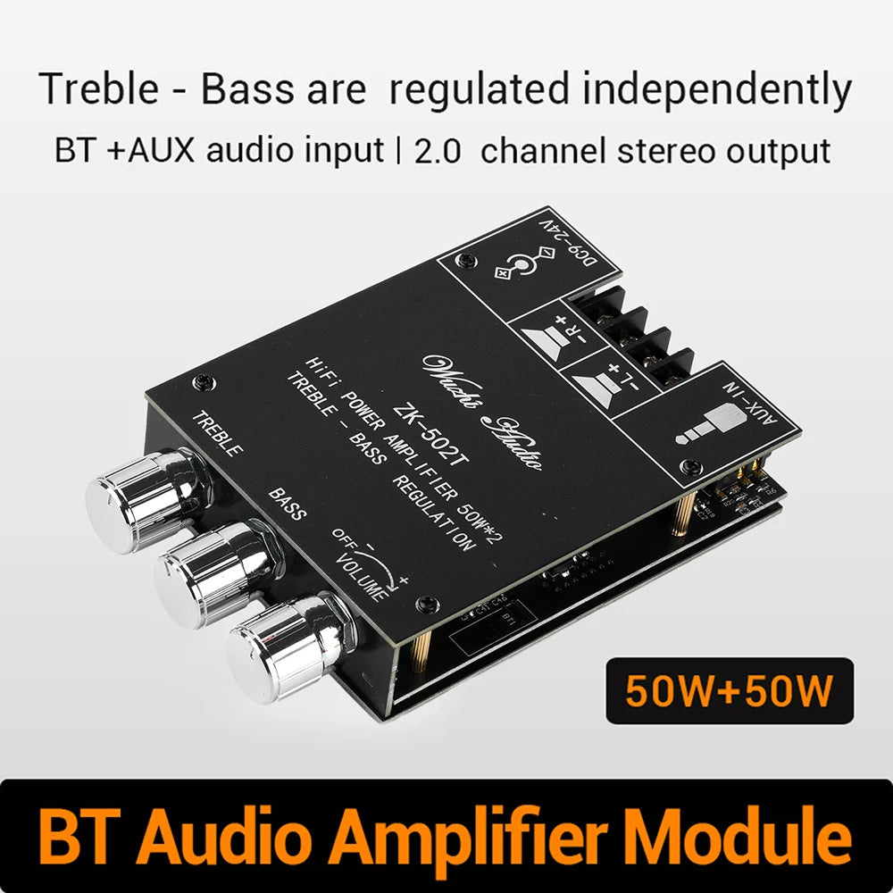 ZK-502T Dual Channel Stereo Power Amplifier Module TPA3116D2 Chip 50Wx2 Bluetooth 5.0 AUX Input DC9-24V High Low Bass Adjustment Audio AMP Board for Speaker DIY