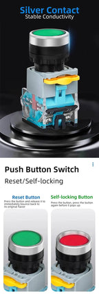 1P One-Hole Momentary Self-Reset Push Button Switch Start/Stop Round Flat Green Mushroom Head Control Box 22mm