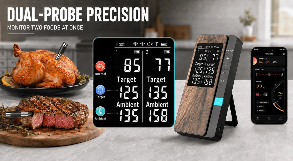 Wireless Meat Thermometer Digital Bluetooth Probe Thermometer Rechargeable with LCD Screen & Mobile APP for BBQ Oven Rotisserie