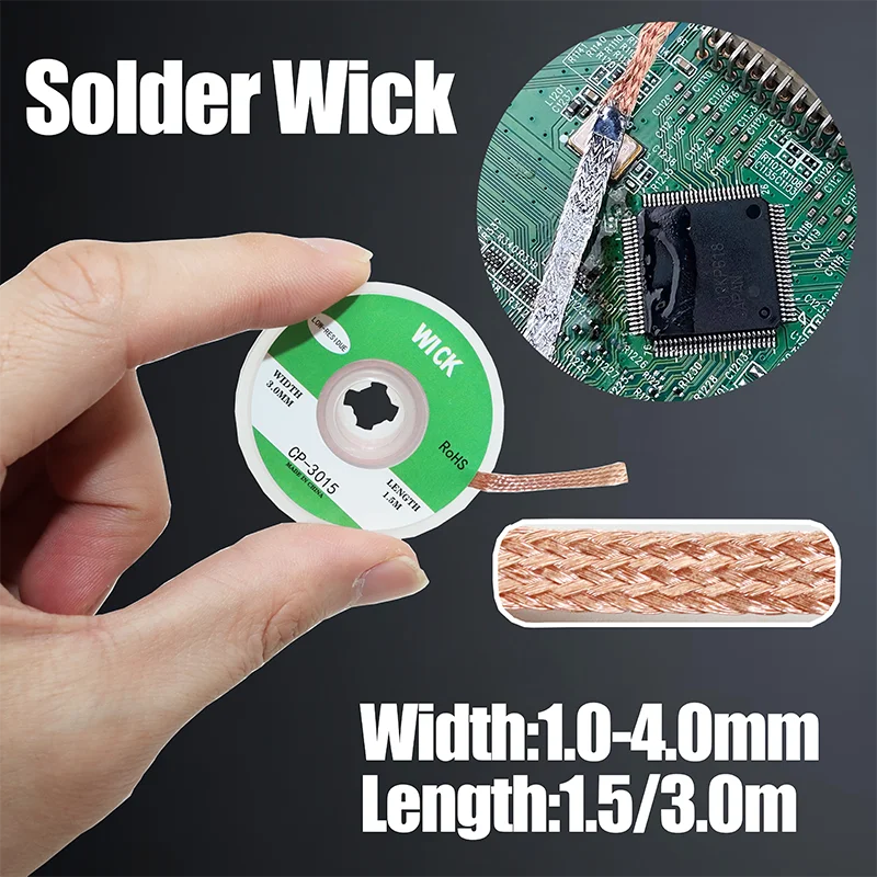 Desoldering Braid Copper Mesh Wire 1.5/2.0/2.5/3.0mm Welding Cable Solder Wick Tin Lead Cord Flux for Soldering PCB Remove Tool