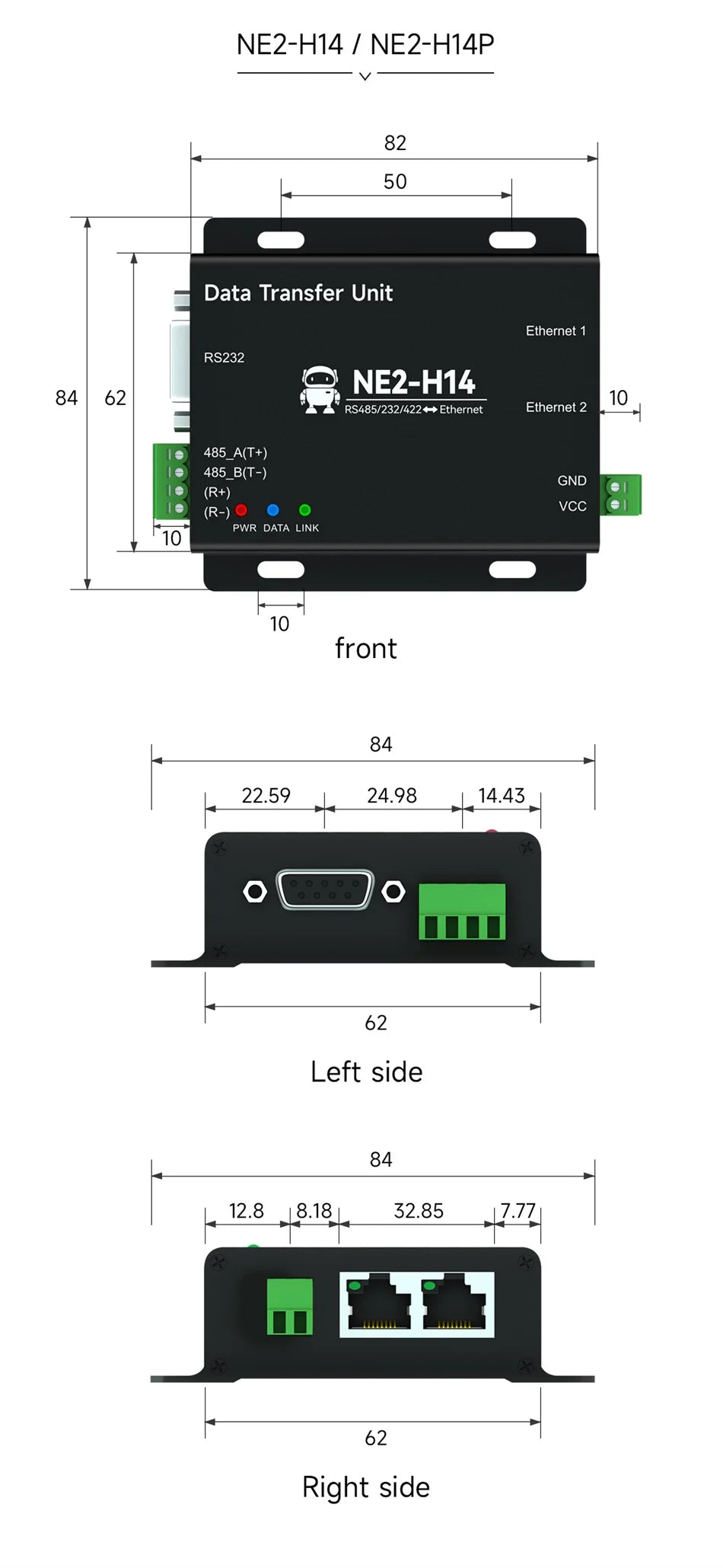 RS485 To Ethernet Serial Port Server COJXU NE2-D11 DC 8-28V TCP/UDP Modbus MQTT HTTP DNS FOTA Remote Up DIN Rail Installation
