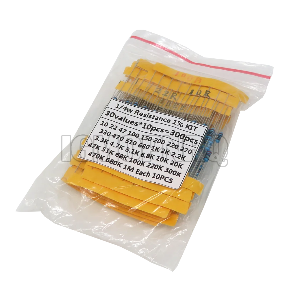 300PCS/Set 30 Kinds 1/4W 1/2W 1W 2W 3W Resistance 1% Metal Film Resistor Pack Assorted Kit 0.1R-750R 1K-820K Resistor 150PCS/Set