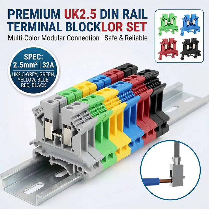 UK2.5B DIN Rail Terminal Block, 2.5mm² Screw Connection Wire Connector for Electrical Panel Wiring 20/50/100PCS
