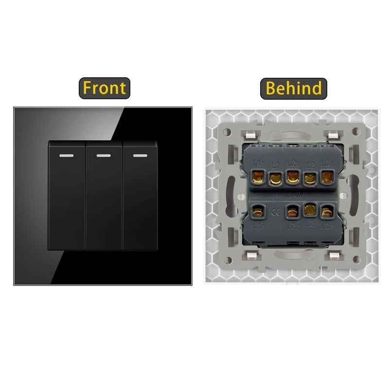 JHJCH - 1 Gang 1/2 Way Stair Switch, Tempered Glass Panel, Rocker Light Switch, On / Off Switch, Toggle Wall Switch