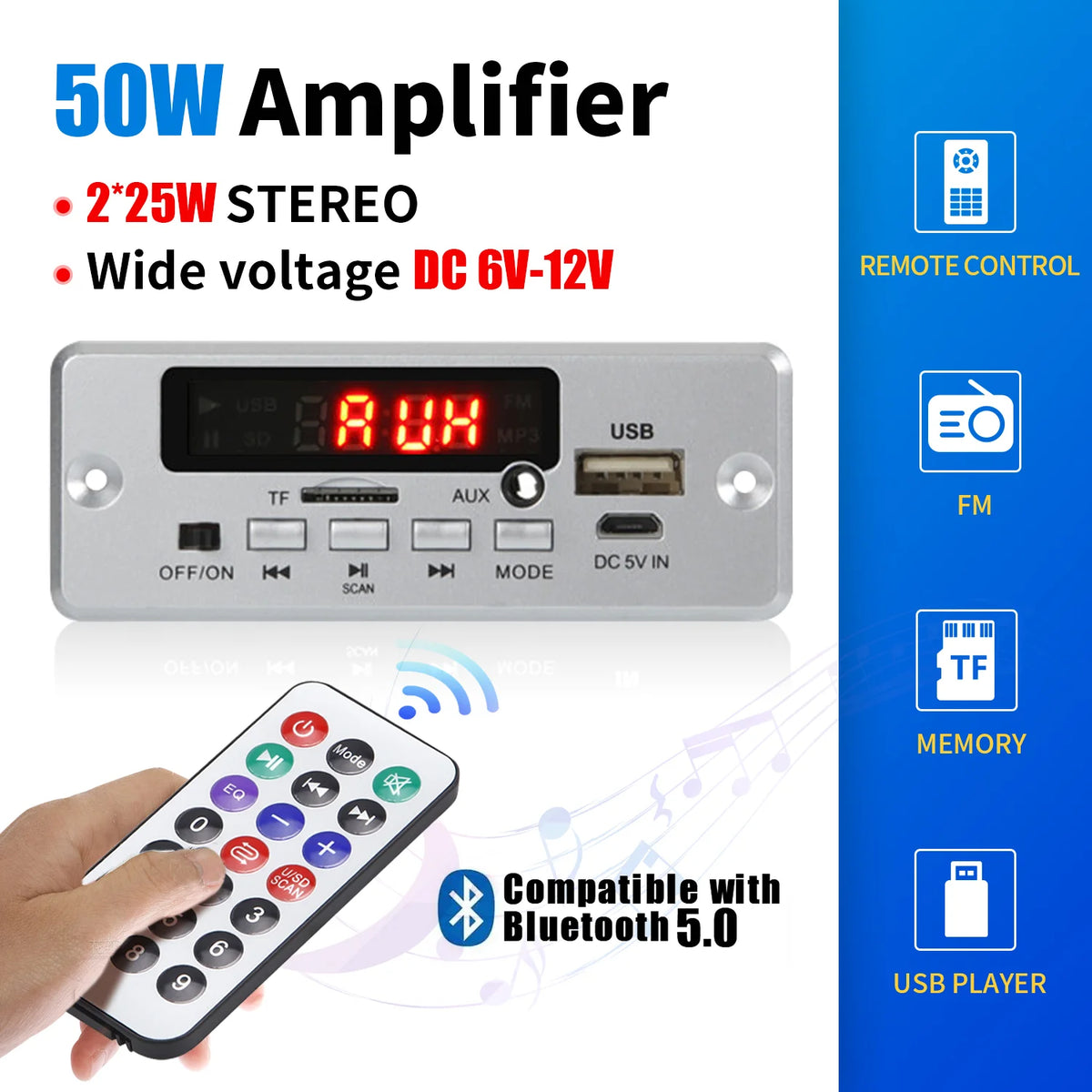 50W Amplifier Bluetooth 5.0 MP3 Decoder Board 12V Wireless Music Player Audio Modul USB TF AUX FM Radio for Speaker Handsfree
