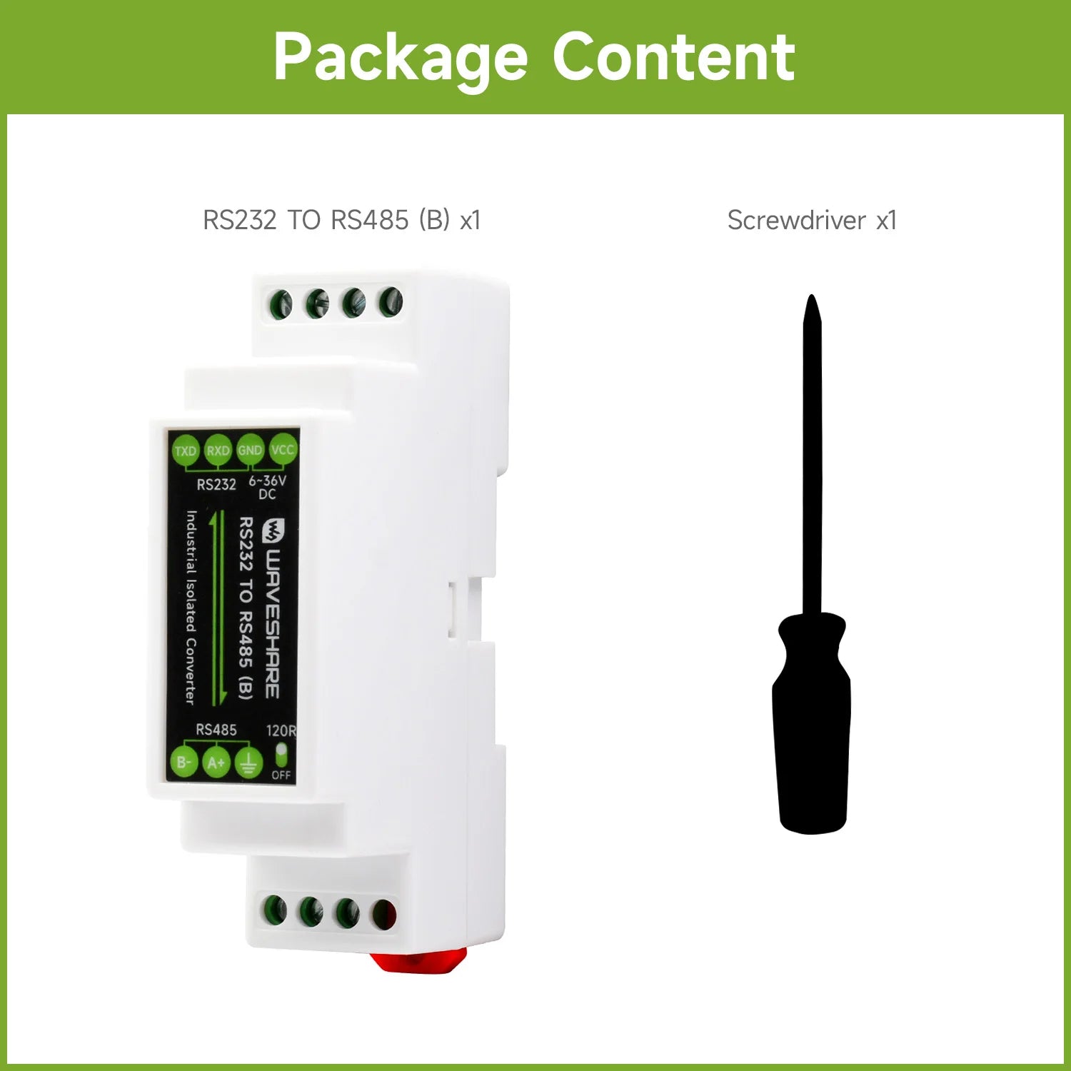 Waveshare RS232 To RS485 Converter (B), Active Digital Isolator, Rail-Mount support, 600W Lightningproof & Anti-Surge 6~36V DC