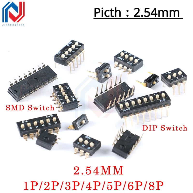 Slide Type SMT SMD Dip Switch Toggle 2.54mm 2Row 4Pin 2 Position/8 Pin 4 Position/16Pin 8 Position Black Switch Gold Plated Pin