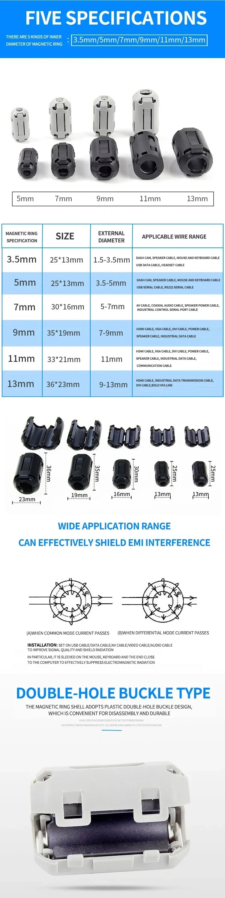 3.5-15mm Clip Ferrite Bead EMI Filter RFI Suppressor for Power/USB/HDMI Cables, PC/TV/Audio Noise Reduction