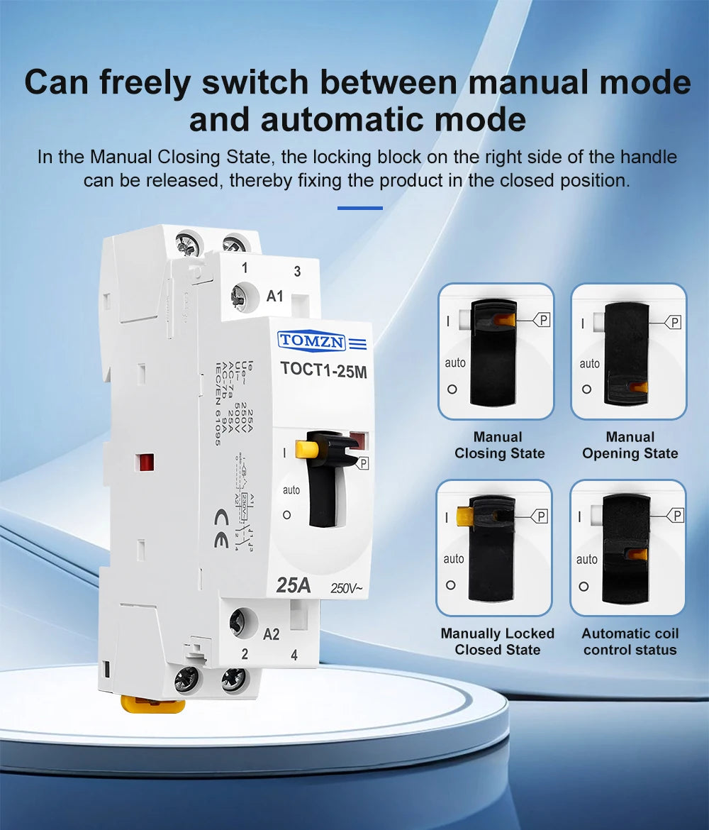 TOMZN TOCT1 2P 25A 220V/230V 50/60Hz Din Rail Household AC Modular Contactor With Manual Control Switch 2NO or 1NO 1NC or 2NC