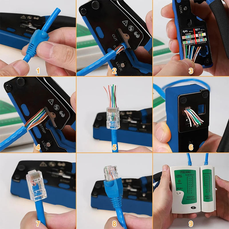 RJ45 RJ11 Crimp Tool Kit Pass Through Cat6 Crimping Tool For Cat5 Cat5e Cat6 8P6P Connector, All-in-one Ethernet Crimper