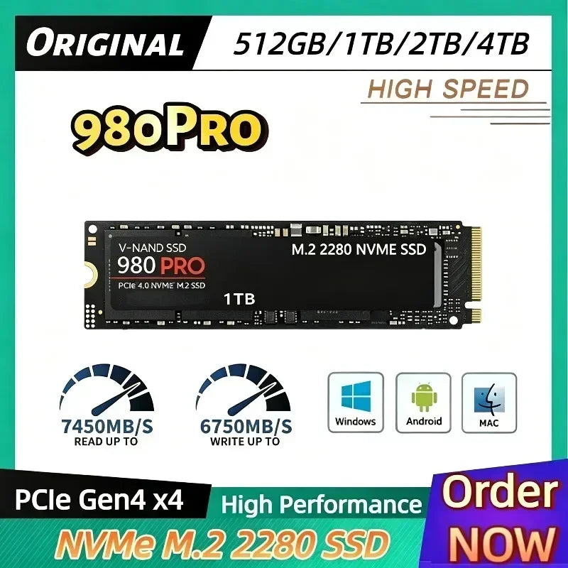 Original 980Pro 4TB M.2 2280 SSD, PCIe Gen4 x4, 3D TLC NAND, Heat Sink, Stable High Performance for Laptops & Desktops.