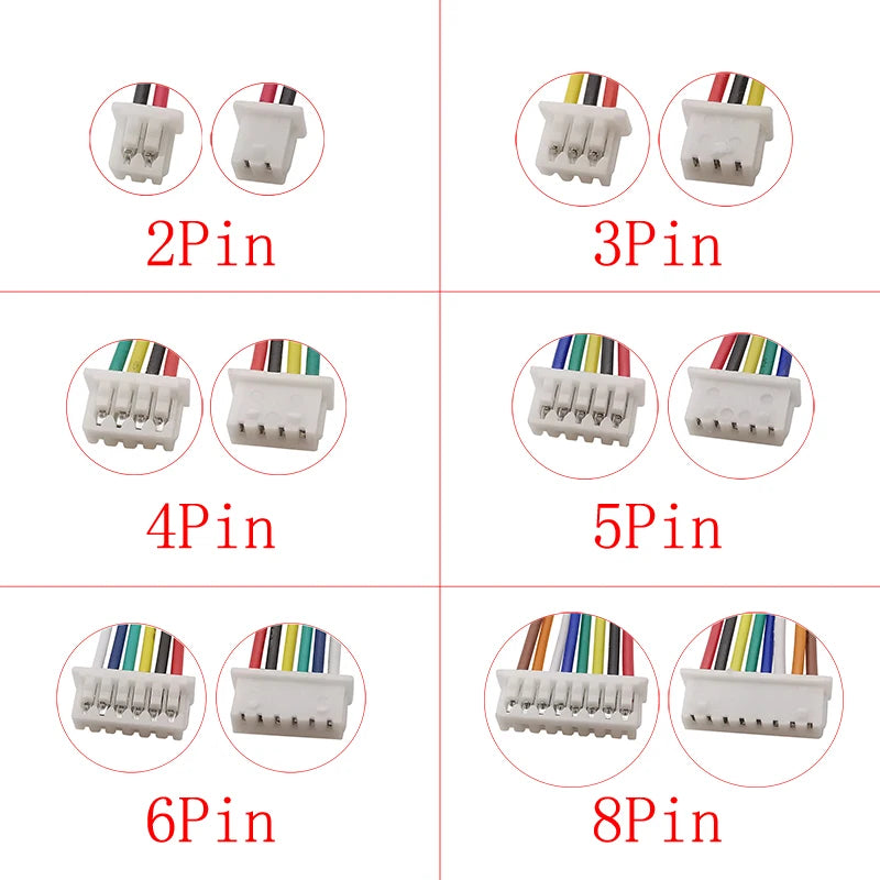 10Pcs Mini JST 1.25mm Pitch Connector Double / Single Ended 2/3/4/5/6/8 Pin JST 1.25mm Plug with 28AWG Wires Cable 10/15/20/30CM
