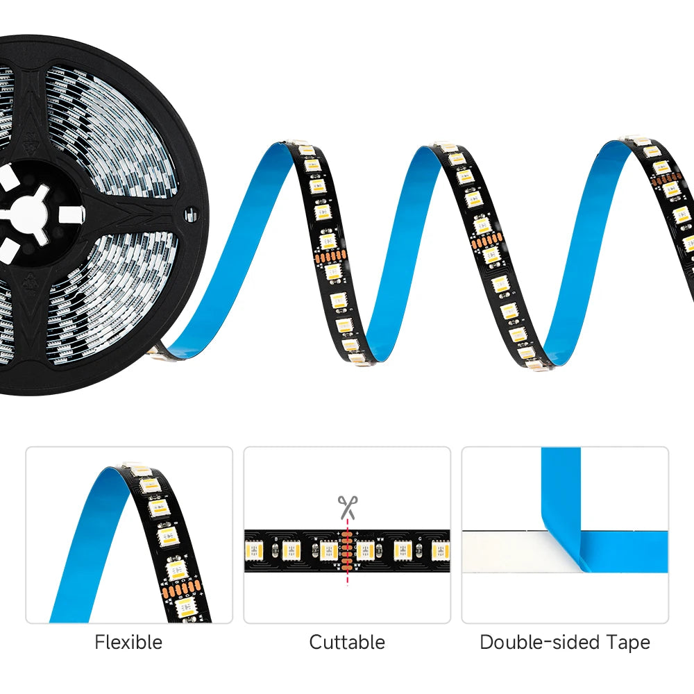 12V 24V 5050 RGBCCT 5 in 1 LED Light 5m 96 Leds/m 6pin RGBW RGBCW RGBWW RGB WW CW 2700K-6500K Strip Lights Black White PCB Tape
