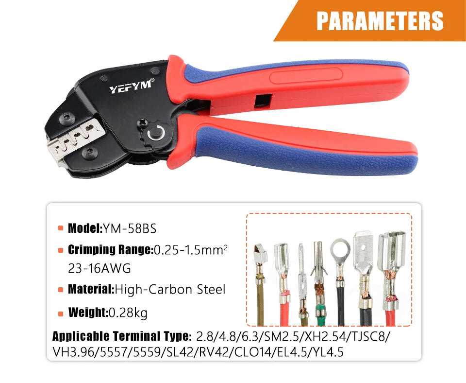 Mini Pliers YM-58BS Tools For XH2.54/DuPont2.54/2.8/4.8/6.3/Non-Insulated/Ferrule Tube Terminals Ratchet Wire Crimping Sets