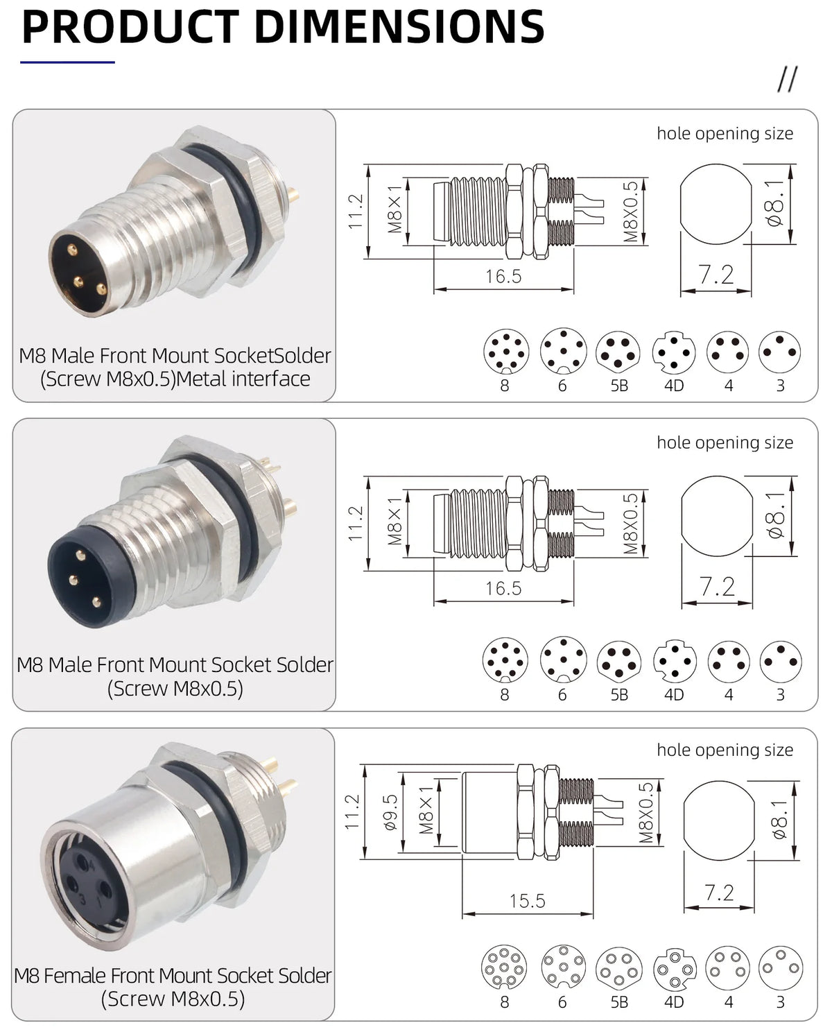 M8 IP67 Waterproof Circular Connector 3 4 5 6 8 Pin Front Rear Panel Mount Solder Industrial Socket Screw M8 M10 M11 M12