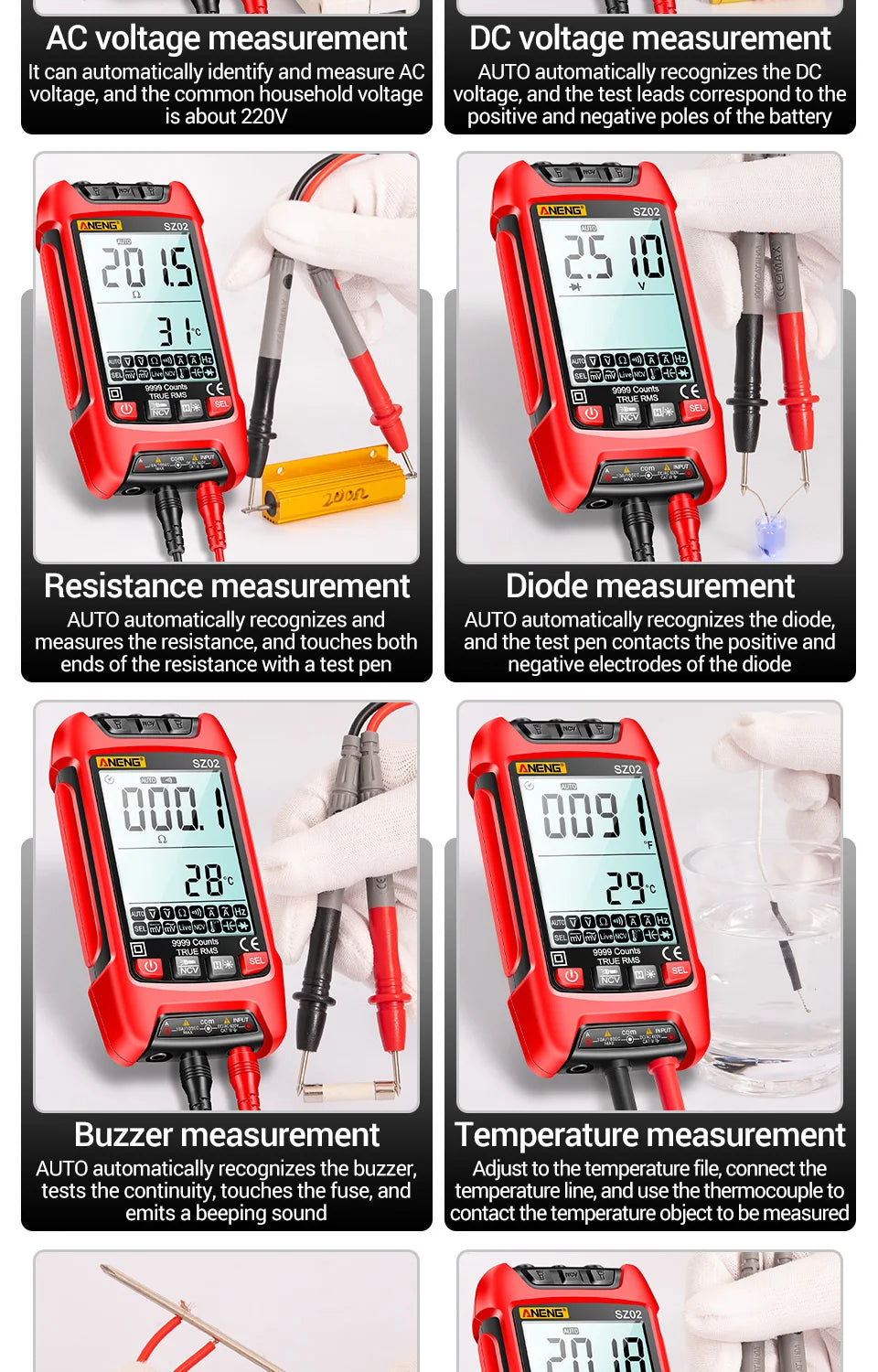 ANENG SZ02 Digital Multimeter Transistor Smart Testers 9999 Counts True RMS Auto Electrical Capacitance Meter Temp Resistance