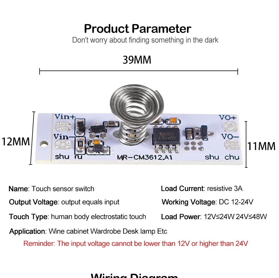DC 12V Capacitive Touch Sensor Switch Coil Spring Switch LED Dimmer Control Switch 9-24V 30W 3A for Smart Home LED Light Strip