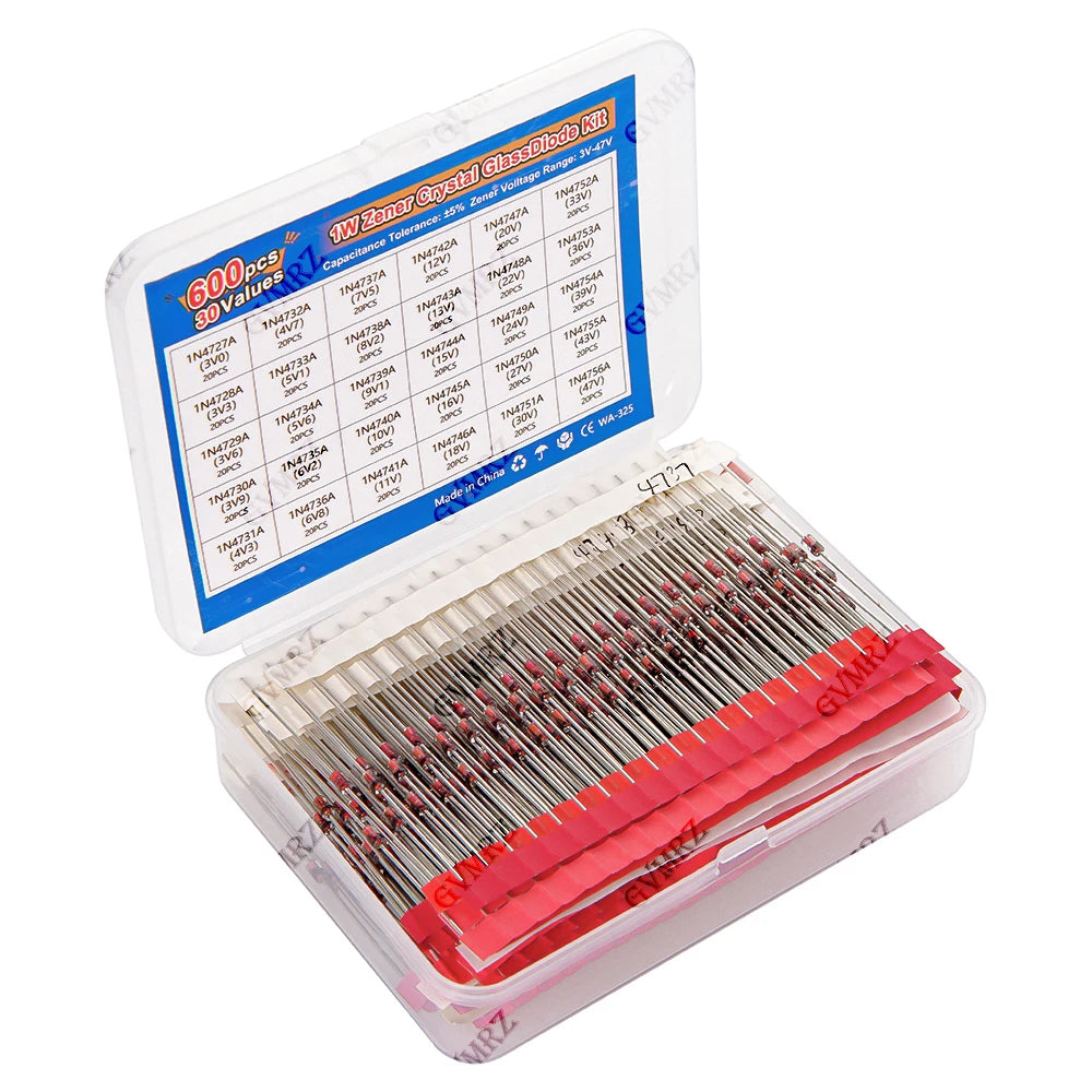 600PCS 30Values 1W Zener Diode Kit 3V-47V Box for Electronics Voltage Regulation Projects 7V5 10V 16V 18V 22V 27V 43V 36V 33V