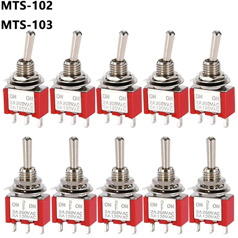 5Pcs Miniature Toggle Switch Single Pole Double Throw ON-OFF-ON /ON-ON 120VAC 6A 1/4 Inch Mounting MTS-102 103