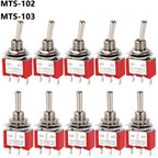 5Pcs Miniature Toggle Switch Single Pole Double Throw ON-OFF-ON /ON-ON 120VAC 6A 1/4 Inch Mounting MTS-102 103