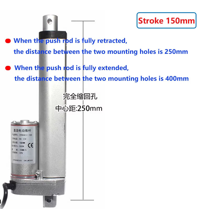 12V 24V Stroke 150mm 200mm 250mm Linear Actuator 1000N Max Lift with Mounting Brackets IP54 Waterproof Linear Motion Actuator