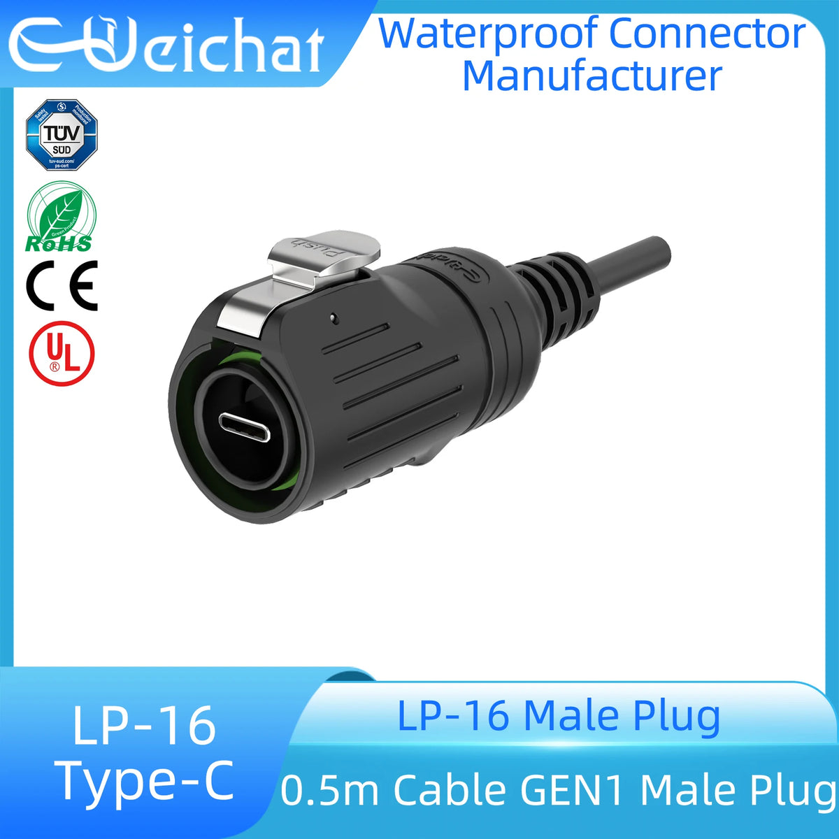 EW-LP16 Type-C USB 3.1 5A Female Socket Rear Nut Locking Jack Panel Mount Connector Waterproof Fast Charging Data Wire Cable
