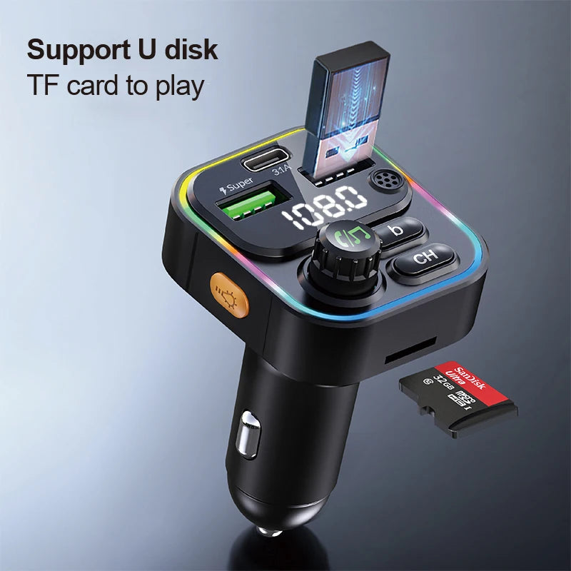 FM Transmitter Bluetooth 5.0 Car Handsfree Audio Mp3 Player Adapter USB 22.5W Quick Charging Type-C Fast Charger FM Modulator