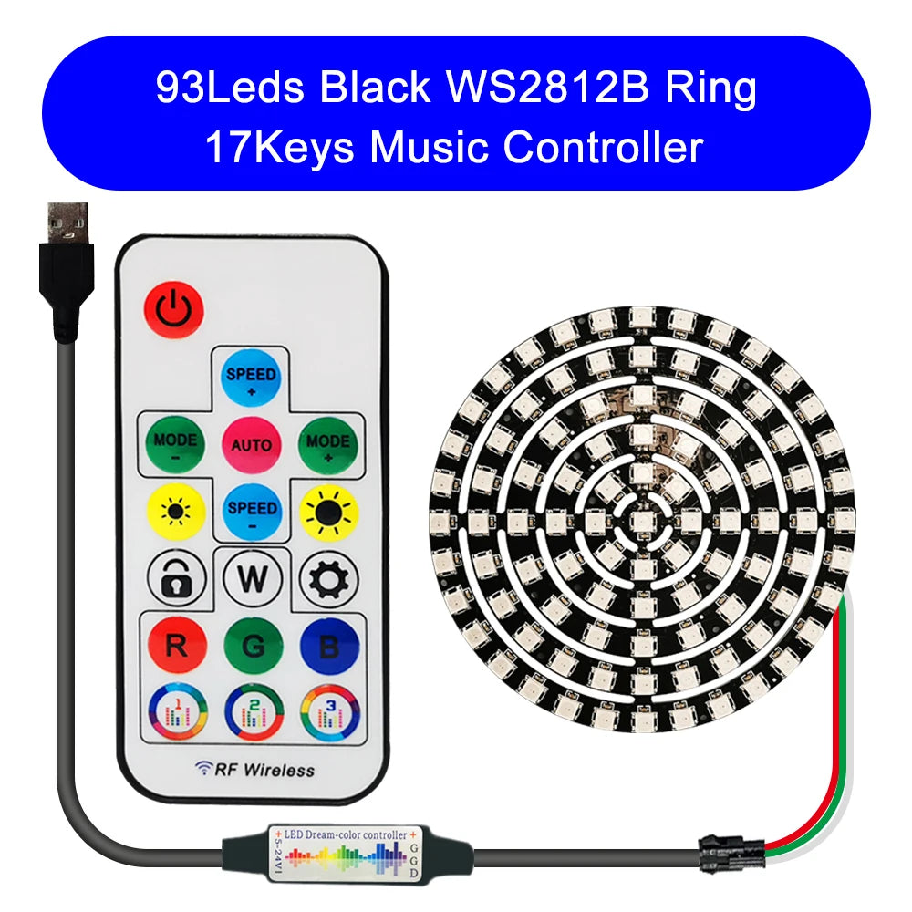 DC5V WS2812B DIY LED Ring 8 to 241 Pixels 5050 RGB Individually Addressable WS2812 Round Modules With 17Keys Music RF Controller