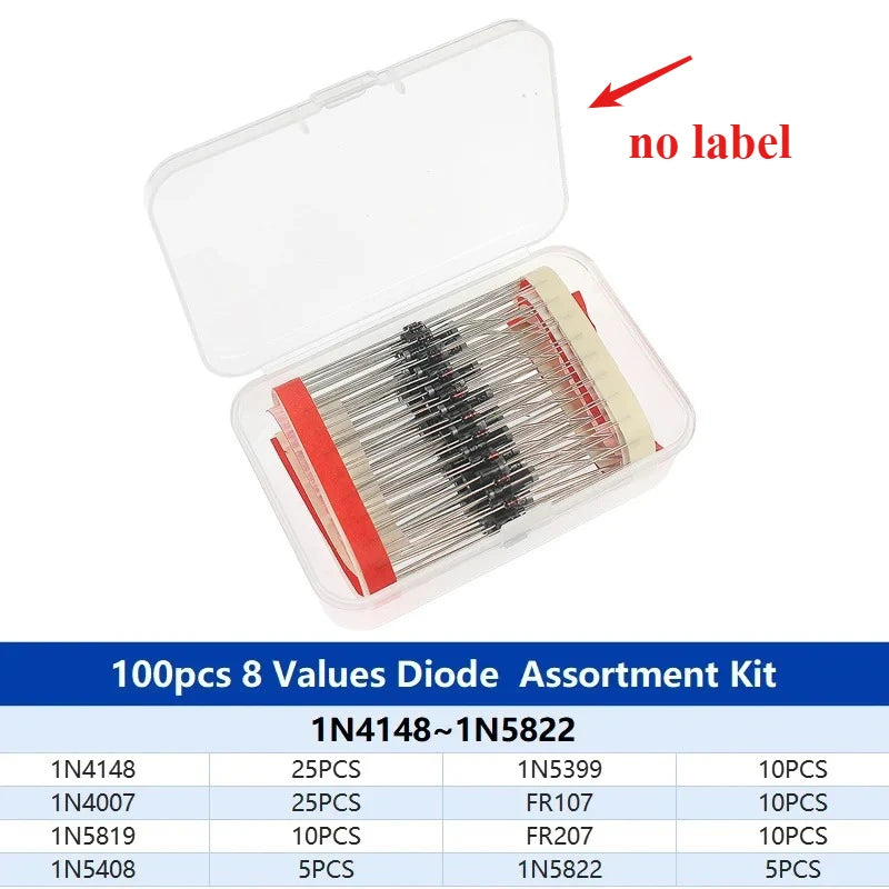 100-200pcs Rectifier Schottky Diode Kit 1N4007 1N4148 1N5408 1N5819 1N5822 1N4001 1N4004 1N5404 FR107 FR207 Fast Switching Diode